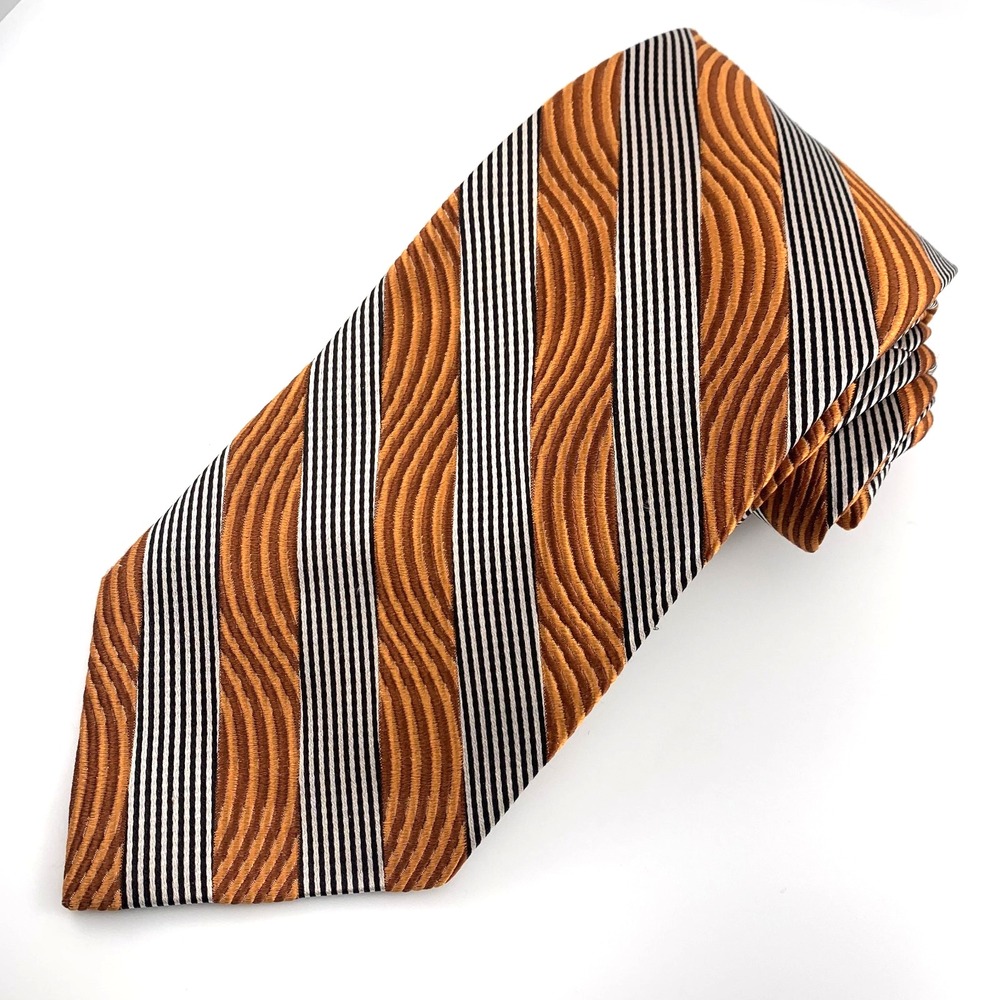 Jhane Barnes Mens Tie‎ Orange Swirl w Black Stripes Design Silk Neckwear